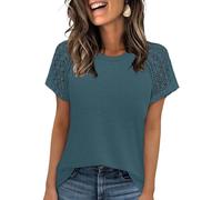 Chicrise Blouse Femme Chic et Élégant Haut Élémentaire Léger Décontracté Dentelle T-Shirt Stretch Ete BleuVert Moyen 38-40 M