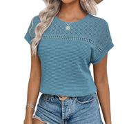 Chicrise Blusa Elegante de Manga Corta para Mujer, Encaje, Crochet, Cuello Redondo, Camiseta de Verano, Niebla Azul, L
