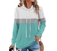 Chicrise Hoodie Damen Langarm Farbblock Rundhals Pullover mit Taschen Kapuzenpullover Strick Lässig, Blanco y Azul, XXL