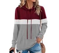 Chicrise Hoodie Damen Langarm Farbblock Rundhals Pullover mit Taschen Kapuzenpullover Strick Lässig, Vino Rojo Gris Claro, XXL