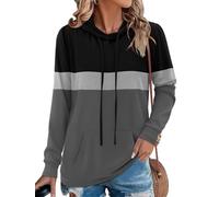 Chicrise Hoodie Damen Langarm Farbblock Rundhals Pullover mit Taschen Kapuzenpullover Strick Lässig, Negro y Gris, XXL