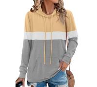 Chicrise Hoodie Damen Langarm Farbblock Rundhals Pullover mit Taschen Kapuzenpullover Strick Lässig, Beige Gris., XXL