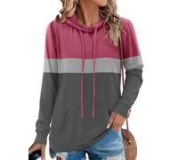 Chicrise Hoodie Damen Langarm Farbblock Rundhals Pullover mit Taschen Kapuzenpullover Strick Lässig, Rosa Gris, XXL