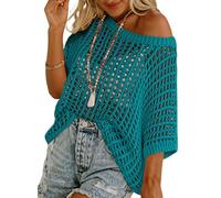 Chicrise Jersey Tejido a Crochet para Mujer, Sin Hombros, Cuello Redondo, Suéter Tejido, Extragrande, Aguja de Tejer, Cubierta de Malla, Top Lecho, Casual, verde pavo real, XXL