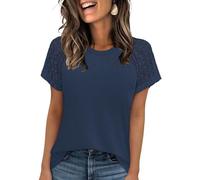 Chicrise Top Femme Ete Fit Régulier Tshirt Polyvalent Doux Décontracté Dentelle Blouse Boheme Stretch BleuFoncé Petit 34-36 S