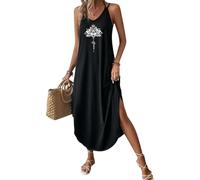 Chicrise Vestido de Verano para Mujer, Espaguetis Largo, sin Mangas, Cuello en V, Vestido de Tirantes, Estampado de Loto Blanco, L