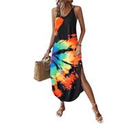 Chicrise Vestido de Verano para Mujer, Espaguetis Largo, sin Mangas, Cuello en V, Vestido de Tirantes, Rainbow Flower Gradient, S