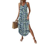 Chicrise Vestido Largo Mujer Verano Maxi Vestido Sin Mangas Cuello V Vestido Playa Informal con Bolsillos Azul Pequeño 34-36