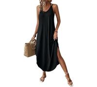 Chicrise Vestido Largo Mujer Verano Maxi Vestido Sin Mangas Cuello V Vestido Playa Informal con Bolsillos Negro Pequeño 34-36