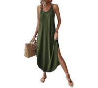 Chicrise Vestido Largo Mujer Verano Maxi Vestido Sin Mangas Cuello V Vestido Playa Informal con Bolsillos Verde Pequeño 34-36