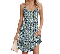 Chicrise Vestidos Mujer Verano Sin Mangas Cuello Redondo Vestido Playero Elegante Transpirable Vestido Midi Azul Blanco Flores Diseño Extra Large 46
