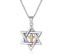 ChicSilver Estrellas de David con Cruz Mesiánico Colgante Religioso Plata de Ley 925 y Latón Collar de Judío con Cadena Hipoalergénica Joyería de Amuleto para Mujeres Hexagrama