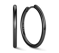 ChicSilver Pendientes Aros Huggie Hoop Negro Plata 925 Mujer 20mm Aretes Círculos Finos Piercing Hipoalergénico Oreja Regalo Aniversario Reyes Cumpleaños