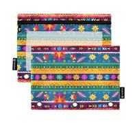 CHIFIGNO Colorido estuche para lápices de rayas y flores mexicanas con 3 agujeros para carpeta, paquete de 2 bolsas de cosméticos con ventana transparente, organizador de oficina escolar