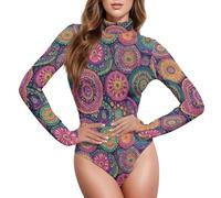 CHIFIGNO Enterizo de manga larga con cuello alto falso para mujer, diseño retro de mandala, floral, para mujer, Mandala retro floral, X-Large