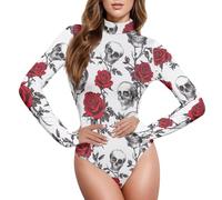 CHIFIGNO Enterizo de manga larga para mujer, con cuello alto falso, sexy, diseño de calavera divertida, color rojo, rosa y blanco, Cráneo divertido rojo, rosa y blanco, X-Large
