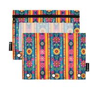 CHIFIGNO Estuche para lápices con 3 agujeros para carpeta, rayas coloridas mexicanas con flores, paquete de 2 bonitos estuches para lápices con ventana transparente, organizador de lápices para