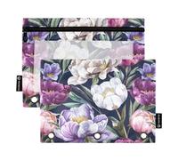 CHIFIGNO Estuche para lápices con 3 agujeros para carpeta, tulipanes blancos y morados, paquete de 2 bonitos estuches para lápices con ventana transparente, bolsa de cosméticos para almacenamiento de