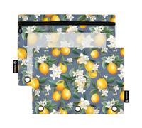 CHIFIGNO Estuche para lápices con 3 anillos de lunares coloridos con ventana transparente, suministros de oficina para organizador diario de oficina, paquete de 2, Fruits Lemon White Flowers, Talla