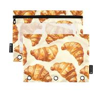 CHIFIGNO Estuche para lápices de 3 anillas con diseño de langosta roja y olas del mar, estuche para lápices con ventana transparente, organizador de oficina, 2 unidades, Deliciosos croissants beige-1,