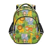 CHIFIGNO Mochila escolar con diseño de animales de dibujos animados, color verde, con rayas reflectantes, mochila de senderismo para niñas y niños, Cute Cartoon Animals Green 1, M