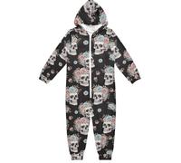 CHIFIGNO Mono unisex divertido de una pieza para niños, diseño de calavera y flores pastel, color negro, Funny Skull Pastel Flower Black, 4 años