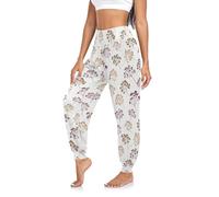 CHIFIGNO Pantalones de yoga para mujer, holgados, estilo harén, pantalones de yoga con flores botánicas, color beige, cómodos, ropa bohemia, Flor botánica beige, Large