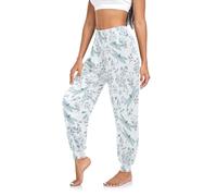 CHIFIGNO Pantalones harén para mujer, estilo bohemio, hippie, yoga, cómodos, pantalones deportivos, libélula botánica, flor azul, Libélula Botánica Flor Azul, XXL