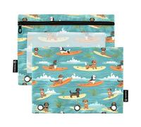 CHIFIGNO Skeletons Dancing - Estuche para lápices con 3 anillas, 2 estuches con cremallera y ventana transparente para niños, adolescentes, niñas, adultos y estudiantes, Lindos perros montando tablas