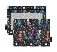 CHIFIGNO Skeletons Dancing - Estuche para lápices con 3 anillas, 2 estuches con cremallera y ventana transparente para niños, adolescentes, niñas, adultos y estudiantes