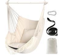 Chihee Columpio Silla Hamaca MAX 227KG 2 Cojines incluidos Barra de Metal con Ranuras Antideslizantes Silla Colgante portátil Bolsillo Lateral Silla Bohemia Grande de macramé Interior Exterior