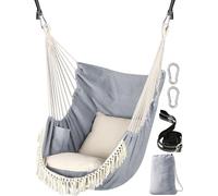 Chihee Silla hamaca colgante con 2 cojines de asiento incluidos, correas de cincha fuertes y ganchos para colgar fácilmente, silla colgante de tejido de algodón suave, bolsillo lateral, juego de silla