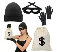 CHIHOLEN Disfraz de ladrón de banco, 4 piezas, accesorios para disfraz con gorro de punto, máscara, guantes, cartera, para carnaval, cosplay, fiesta de disfraces