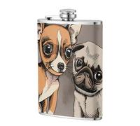 Chihuahua Bulldog Lindo Perro Pug Mascota Animal Amigos Cachorro Beige,Frasco de acero inoxidable 304 de 8 oz con funda de cuero sintético, frasco de bolsillo para licor plano para exteriores