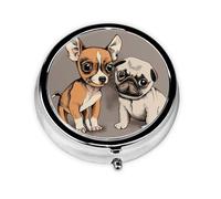 Chihuahua Bulldog Lindo Pug Perro Mascota Animal Amigos Cachorro Beige, Pastillero, Pastillero redondo Pequeño contenedor de pastillas Organizador de pastillas de viaje