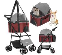 CHIHUAHUA Cochecito plegable 2 en 1 para mascotas con toldo, carrito de 4 ruedas para perros y gatos pequeños/medianos con transportador extraíble, malla transpirable, bolsa de mano para mamá