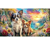 Chihuahua-Gazing-at-Sunset-Over-Ocean Puzzle Familiar 1000 Piezas Desafiante y Divertido Papel Reciclado para Adultos 38x52/1000pcs