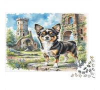 Chihuahua Rompecabezas DIY de Papel Premium Perro Boyero Australiano Junto a ruinas de Castillo al Atardecer, Alivio Educativo del estrés 52x38cm/1000 Piezas