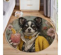 Chihuahua Sosteniendo Un Cóctel Alfombra Redondas 160cm, Retrato De Animal Antropomórfico Tapete Redondo Antideslizante, Amarillo Alfombra De área Redonda Para Salón Sofá Mesa Café Estudio Comedor