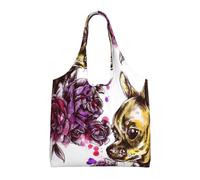 Chihuahua y rosa,Bolsas de mano reutilizables, bolsas de supermercado, bolso de hombro de lona de gran capacidad
