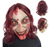 CHIKIXSON Mascara Halloween Terror, Mascara Adultos de Látex Realista Terror, Evil Dead Rise Halloween Fantasma Mask Demonio Sangriento Máscara de Disfraz (Pelo Morado-Rojo)