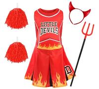 Child Devil Cheerleader - Vestido de animadora, pompones rojos, cuernos de diablo, horquilla de diablo, perfecto para Halloween, talla L