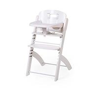 CHILDHOME, Trona Evolutiva : De 0 meses a 85KG, Tableta incluida, Madera de haya, Barra antivuelco, Arnés de seguridad de 5 puntos, Tornillos invisibles, Evosit blanco