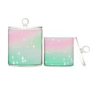 Childish Star - Organizador de maquillaje de plástico transparente degradado verde melocotón con tapa, esencial de oficina, tarro de almacenamiento decorativo para hisopos de algodón, paquete de 2