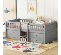 Children's bed 90x200 cm with storage space, wooden bed with slatted frame & 4 drawers, youth bed with ladder and fall protection - solid pine wood, without mattress 204x99.5x80.5 cm gris oscuro