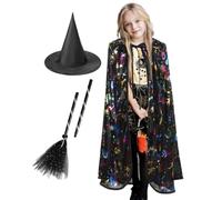 Childrens Halloween Cape Girls Witch Capes Black Witch Hat, Broom