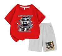 Children's Italian Brainrot Short Tracksuits, Cappuccino Assassino Tee Camisetas 100% Algodón Divertido Estampado Niños Niñas T Shirt & Shorts Set 2 Piezas Regalo, rojo, 130