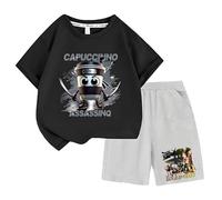 Children's Italian Brainrot Short Tracksuits, Cappuccino Assassino Tee Camisetas 100% Algodón Divertido Estampado Niños Niñas T Shirt & Shorts Set 2 Piezas Regalo, Negro , 110