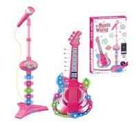 Children's Music Guitar Micrófono Combo - Safe Material Play Instrument, Interactive Sound Toy | Adjustable Height Stand with Light, Practice for Boys Girls Birthday Stage Show