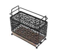 CHILDWEET Organizador de brochas de maquillaje negro, soporte de escritorio de hierro y madera de caucho, 16,5 x 15,4 x 8,1 cm, para guardar brochas de maquillaje y accesorios en home